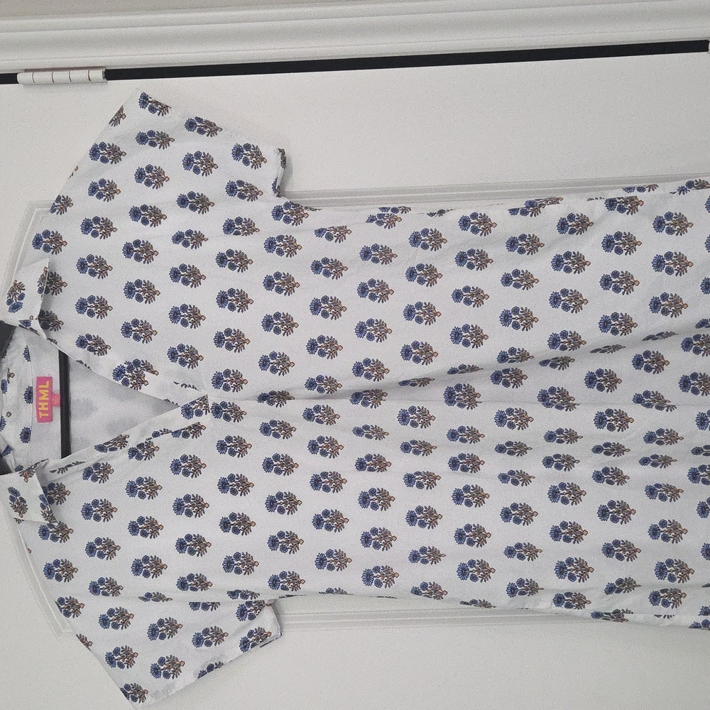 THML Beautiful Cotton Dress...White With Blue Floral Pattern. Great Condition!